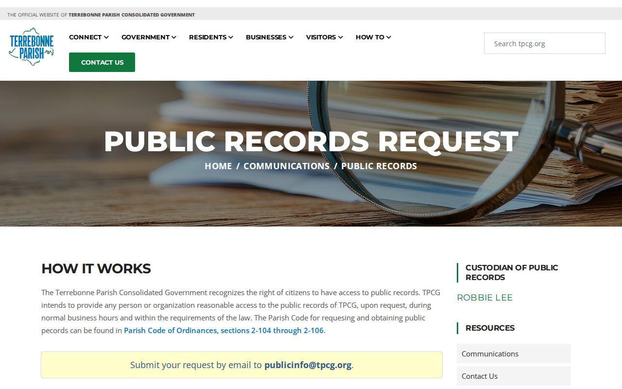 Terrebonne Parish Consolidated Government public records page for Houma Police records
