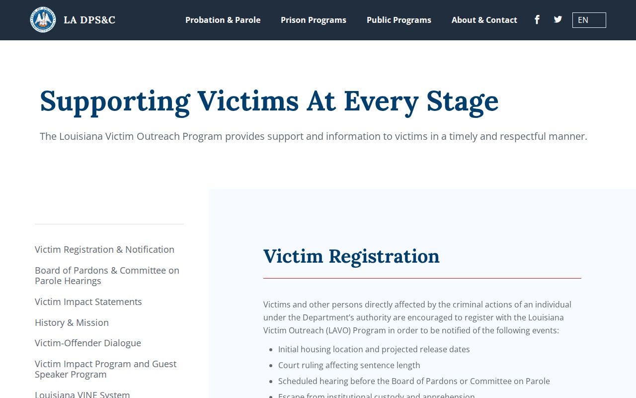 Louisiana Department of Corrections victim services and state custody information page