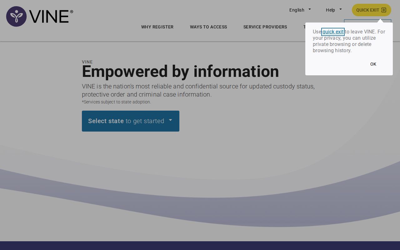 Official VINELink custody alert service screen