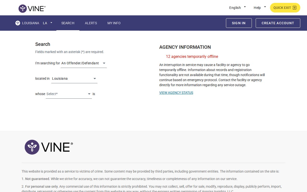 Official Louisiana VINELink person search interface for custody checks