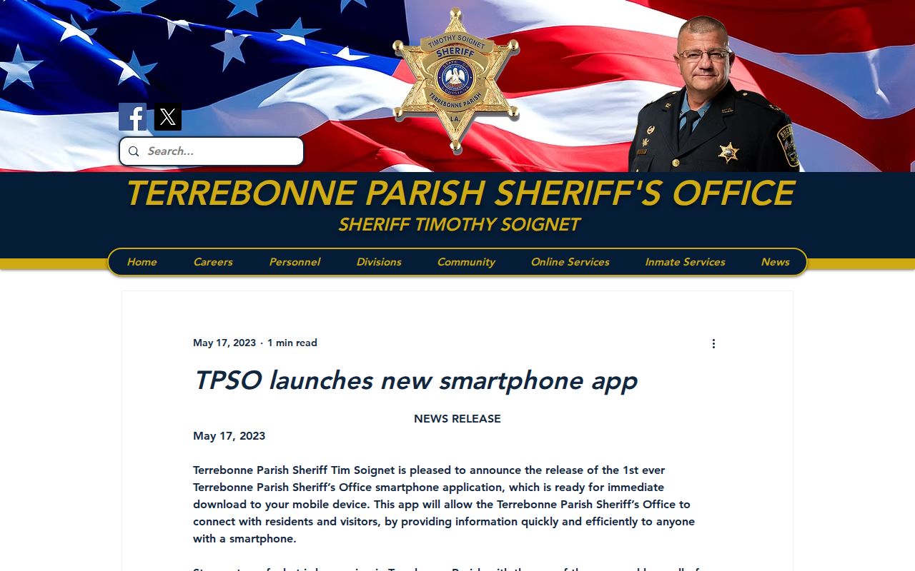 Official Terrebonne Parish Sheriff app launch page describing inmate searches