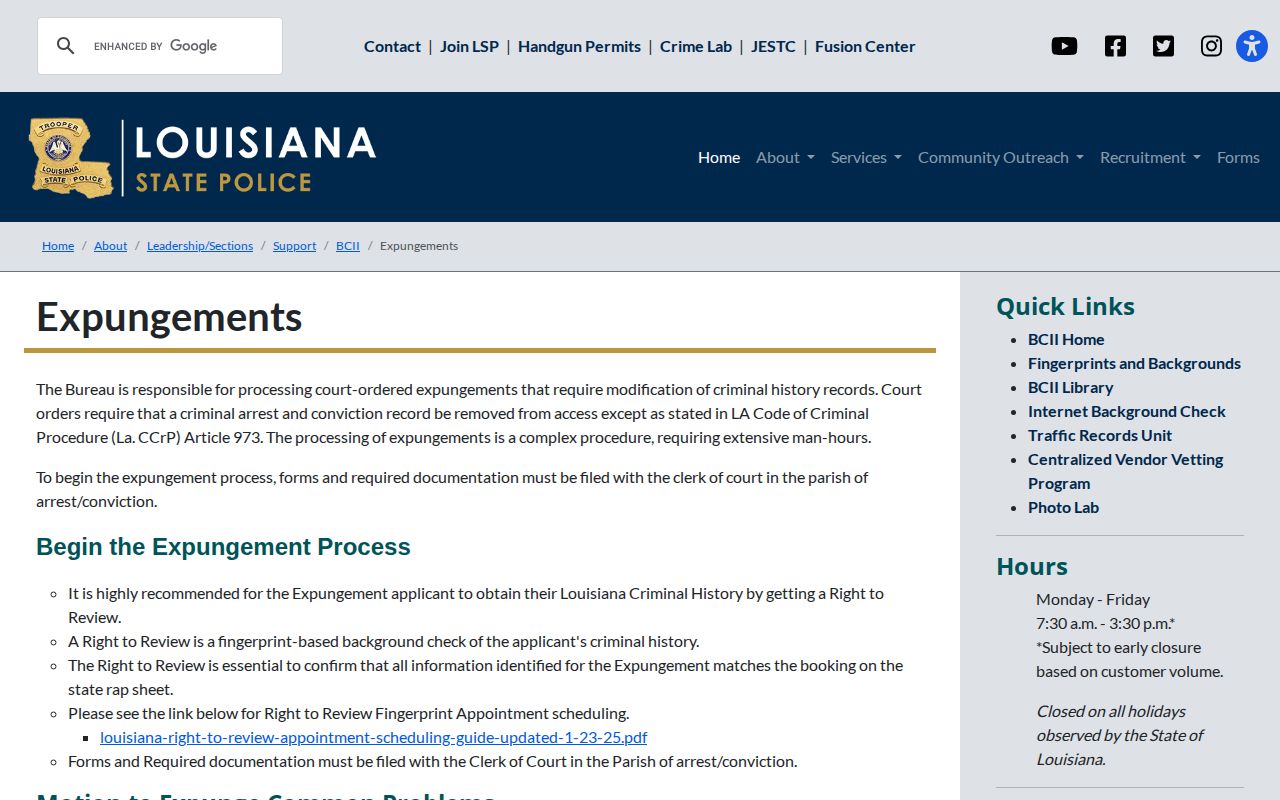 Louisiana State Police official expungement information